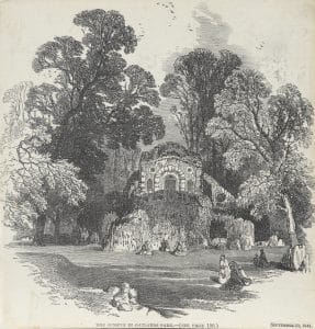 Black and white print of 'The Grotto in Oatlands Park', showing the Grotto without its lake. (238.1964)