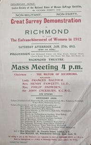 Poster for the ‘monster rally’ of the Surrey Suffrage Societies which took place in Richmond on Saturday 27th January 1912. Mildred Martineau participated in the event.