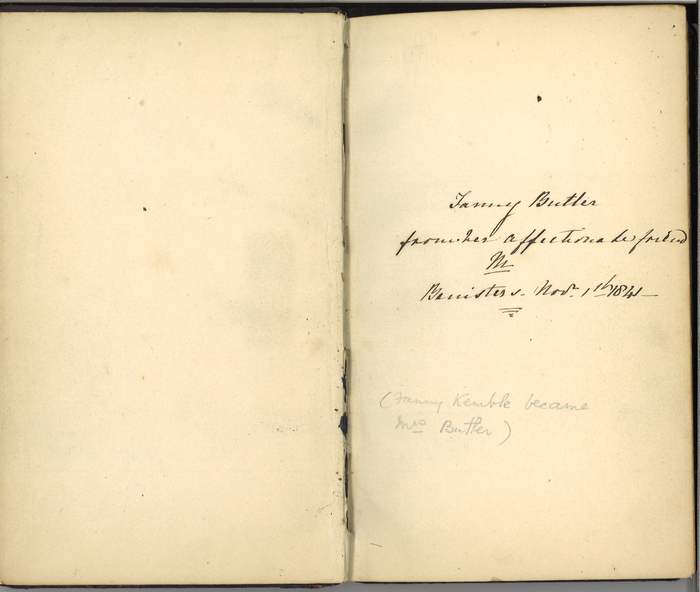 Inside cover of Fanny Kemble's Apocrypha, inscribed to 'Fanny Butler from her affectionate friend M. Banisters Nov. 1st 1841.'