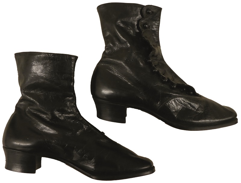 Leather boots with button-down sides and a scalloped edge were popular in the 1910s. These are known as 'Alice Ruffle's Boots' and were kept under the counter at her Weybridge store as a good luck charm.