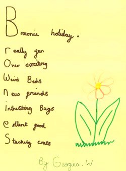Georgina, a Brownie from the 2nd Hinchley Wood Unit, made this poster especially for this 2014 exhibition. It describes all the things that she enjoyed about her recent Brownie holiday. 
