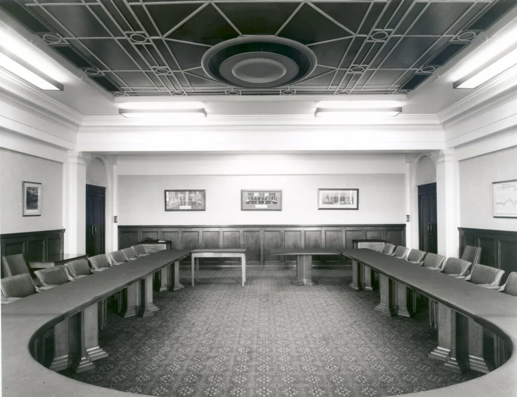 The first floor board room in the central range of the Milk Marketing Board, Thames Ditton. Taken in 1994 when the MMB closed down.