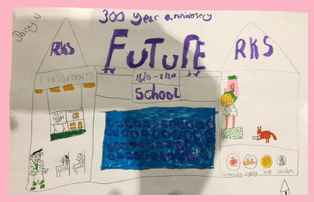 Daisy has drawn a picture of what her school will be like in 100 years time using pencil and felt tip pens. Her picture includes pets, a swimming pool and a futuristic classroom!