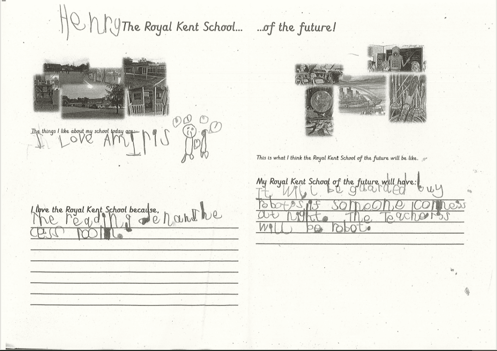 Henry has completed a worksheet called 'The Royal Kent School... of the future!'