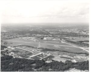 Aerial view of the BAe factory and race track site at Brooklands 