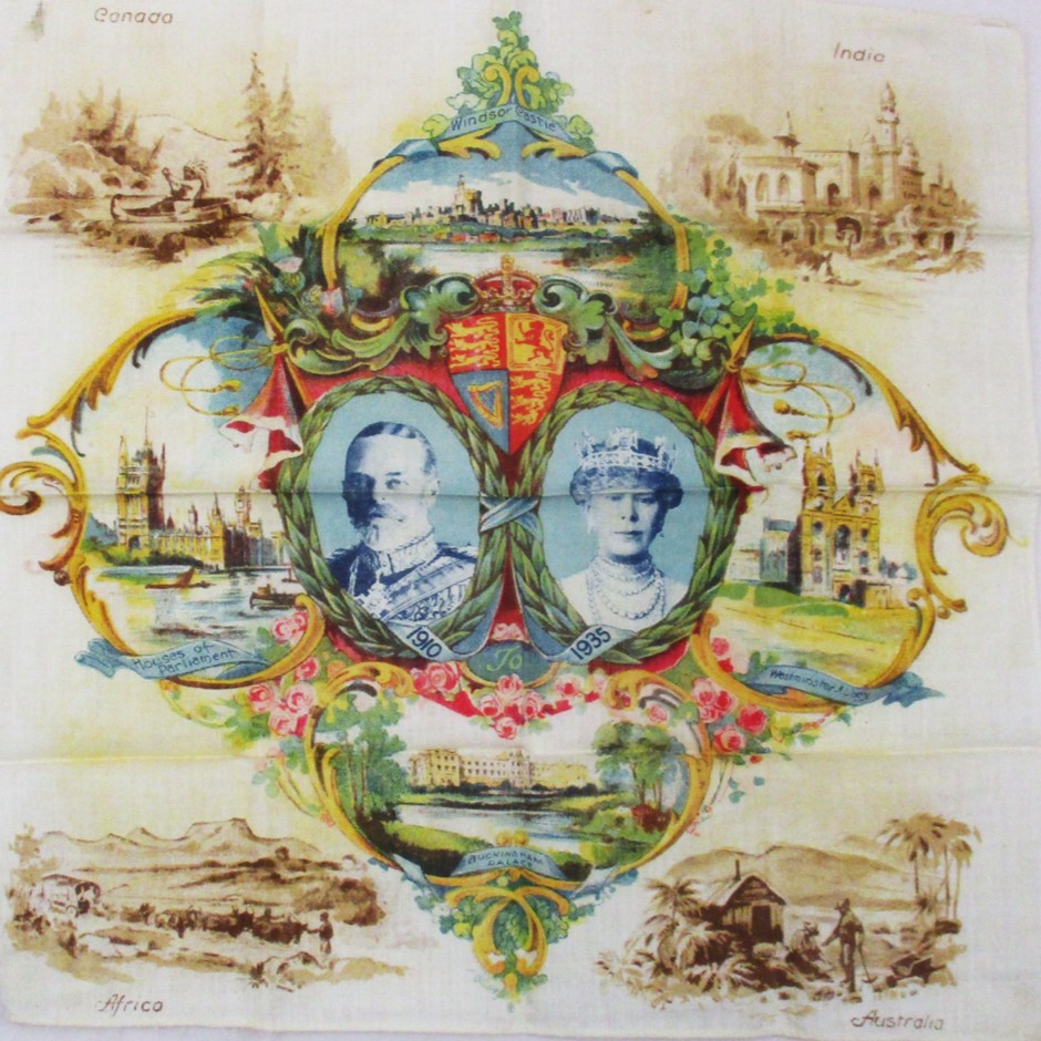 Cotton handkerchief printed in polychrome with royal portraits and sepia pictures in corners of parts of Empire, 1935
