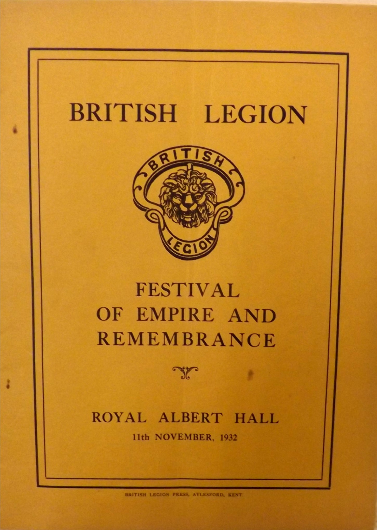 A programme for the Festival of Empire and Remembrance at the Royal Albert Hall, 11th. November, 1932.