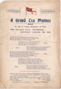 Programme for the 'Grand Tea Matinee' in aid of naval prisoners of war, held in the Village Hall, Weybridge, 1916.