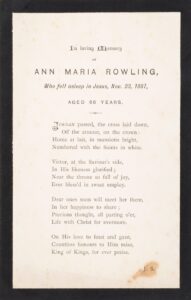 Memorial Notice for Ann Maria Rowling, who died in 1887 aged 66.