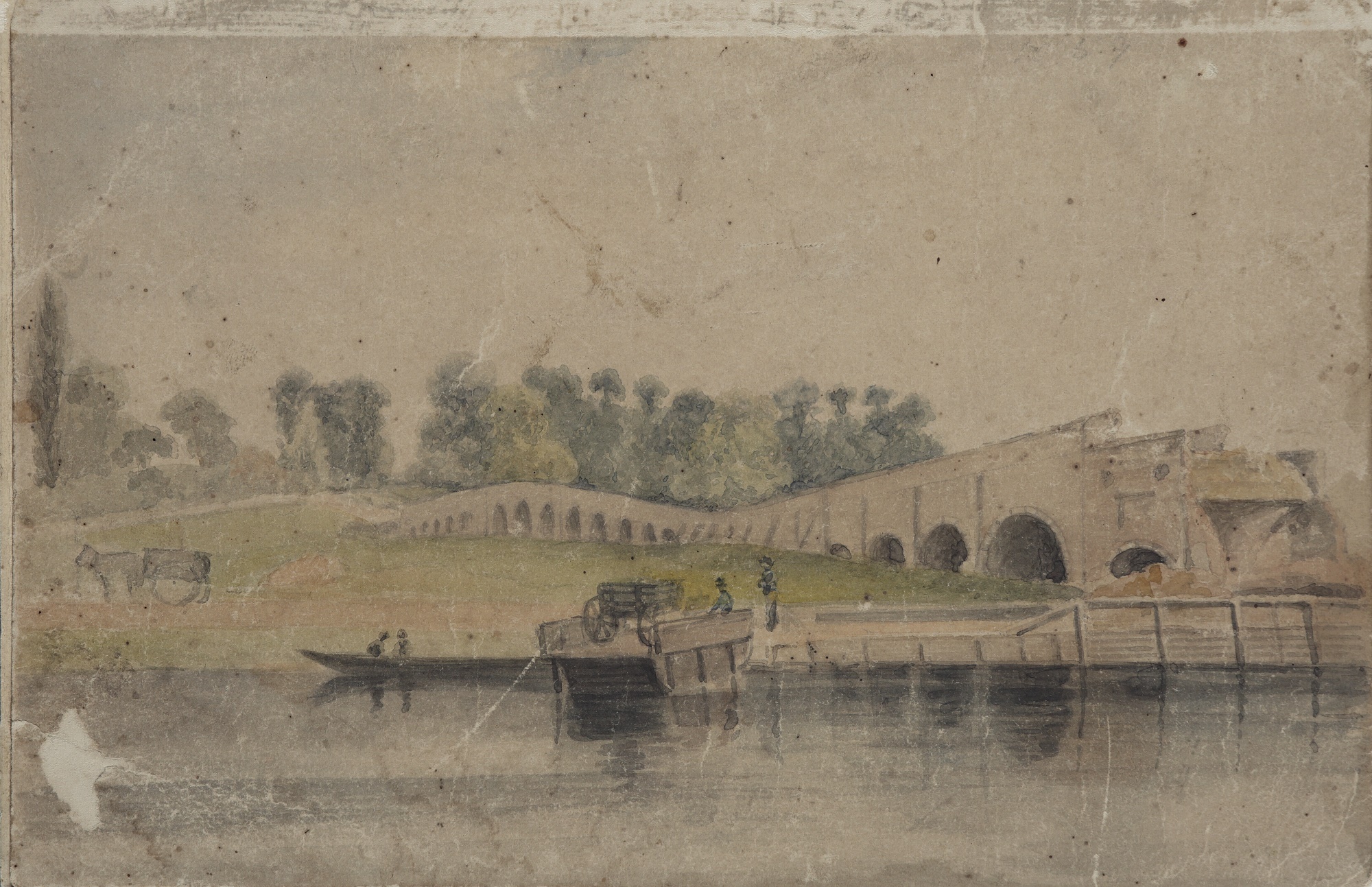 Watercolour of Walton Bridge, 1859. The central arches have been destroyed by a storm.