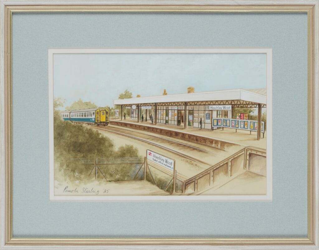 Watercolour of Hinchley Wood Station seen from halfway up the steps leading to the footbridge across the line, dated 1985.