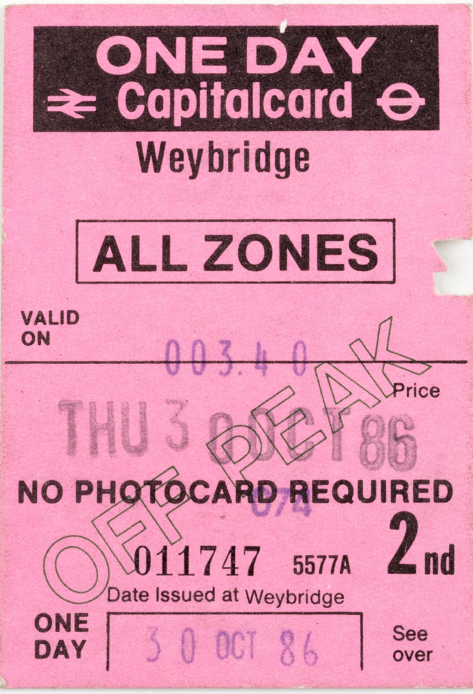 One day capital card issued at Weybridge station for all zones of British rail, valid on Thursday 30th October 1986.
