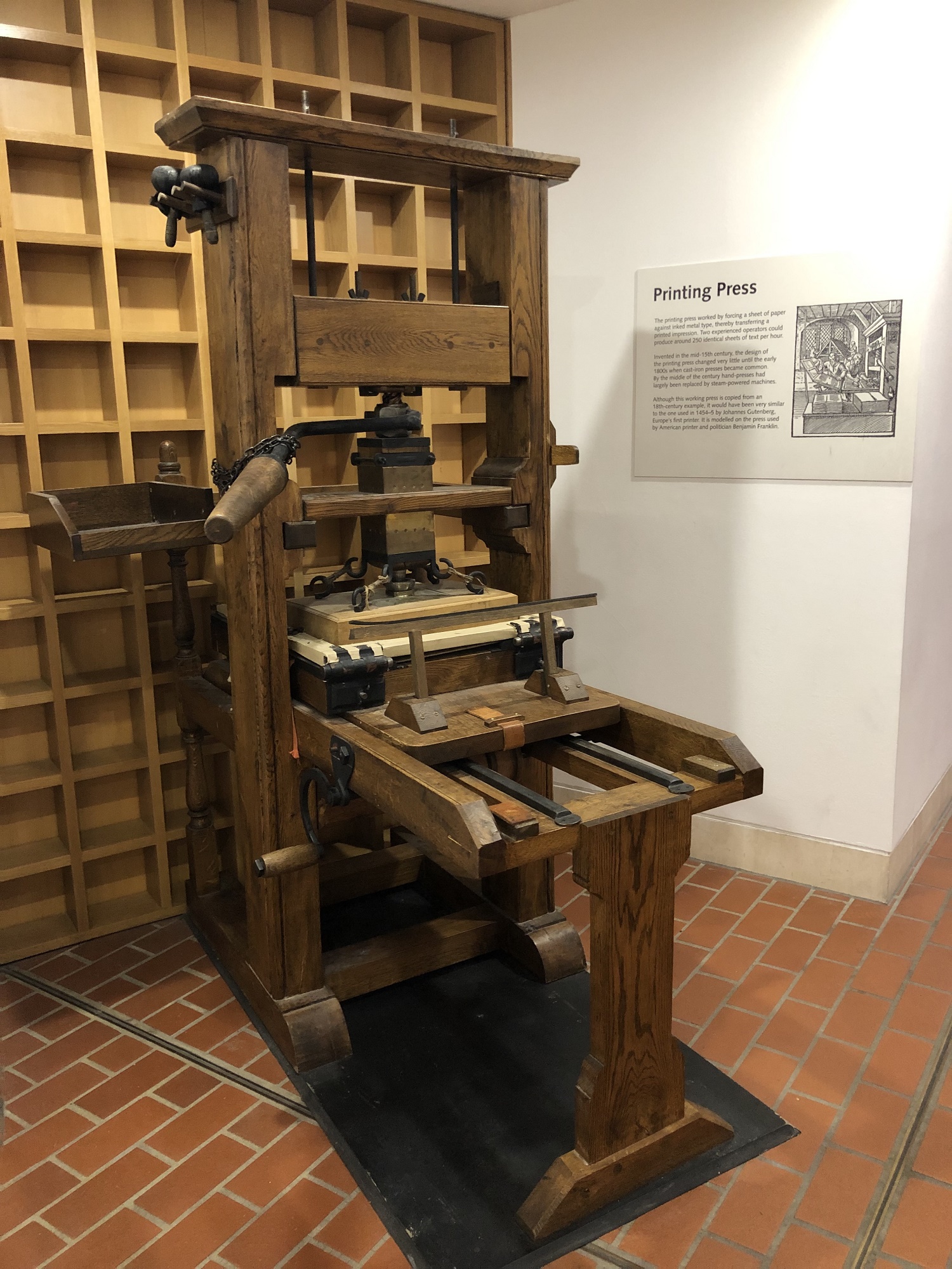 Replica of an 18th century Printing Press, located on the Lower Ground Floor of the British Library, London. Photo taken by the author.