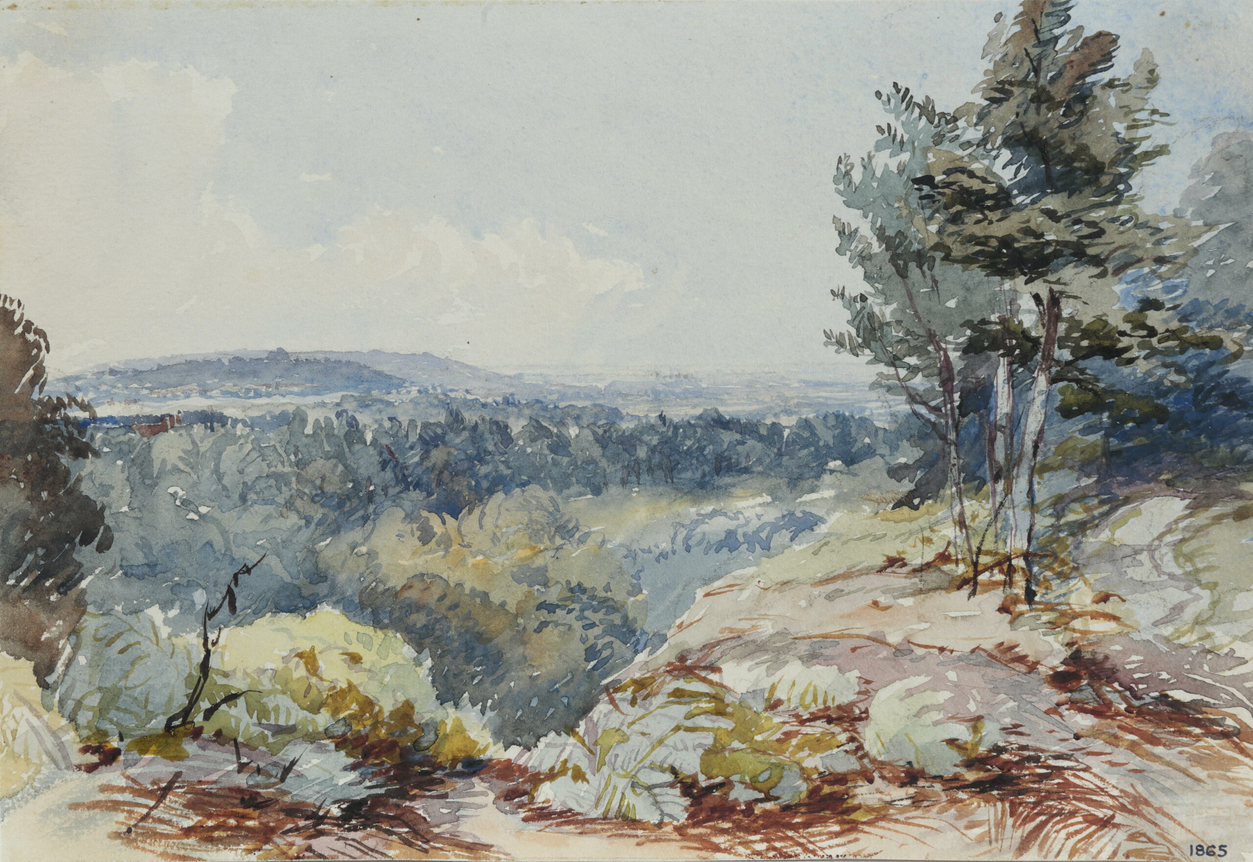 A watercolour of St. George's Hill by an unknown artist. The painting is now stored in Elmbridge Museum's collection and is dated to September 1865, around 200 years after the Diggers occupied the land there.