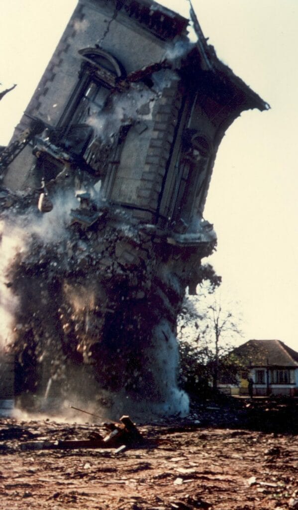The tower of Mount Felix falling during demolition, 1967.