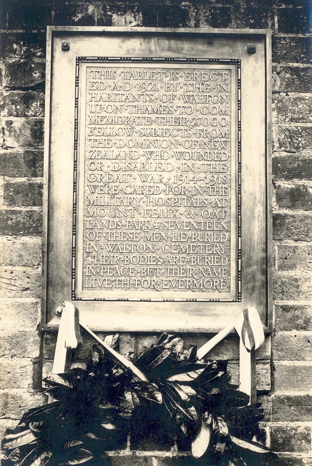 The New Zealand War Memorial tablet, on the wall adjoining the main entrance gates of Mount Felix. It was unveiled by the Honourable Sir James Allen K.C.B., the High Commissioner for New Zealand on the 20th November 1921.