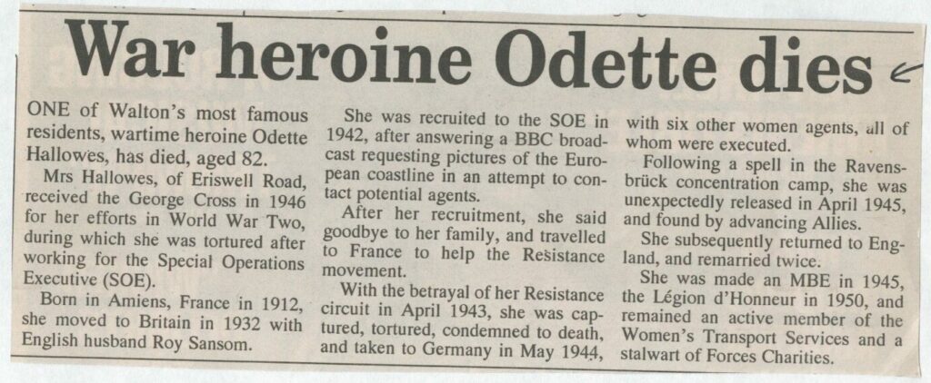 Newspaper clipping of Odette Hallowes' obituary from The Surrey Herald, March 1995.