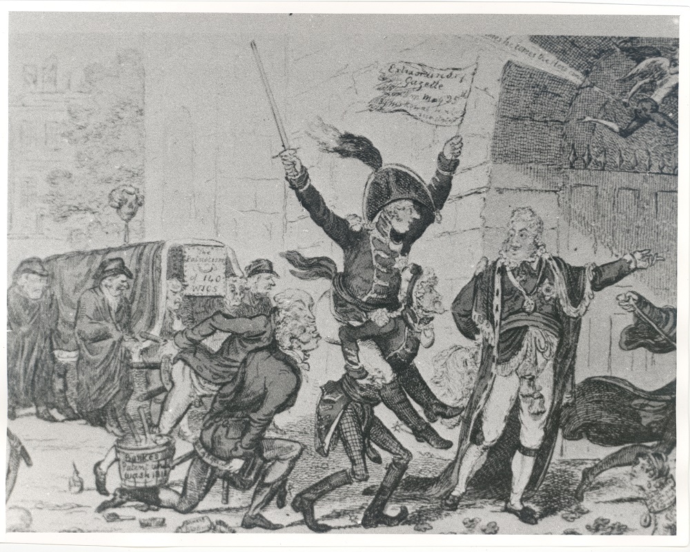 Image of The Prince of Pleasure cartoon by George Cruikshank. Depicts the re-instatement of the Duke of York as commander of the British Army in 1811.