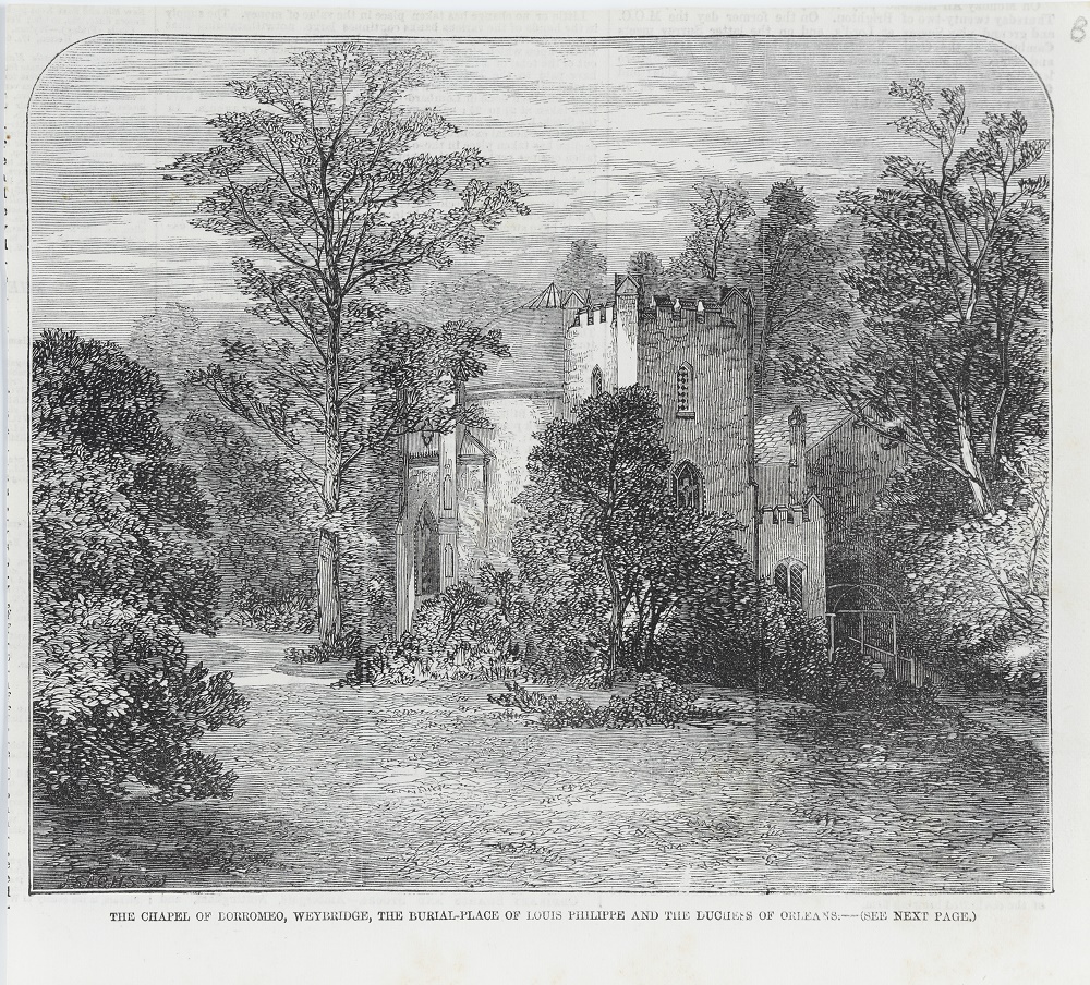 Black and white etching print of The Chapel of Borromeo, Weybridge, the burial place of Louis-Philippe and the Duchess of Orleans