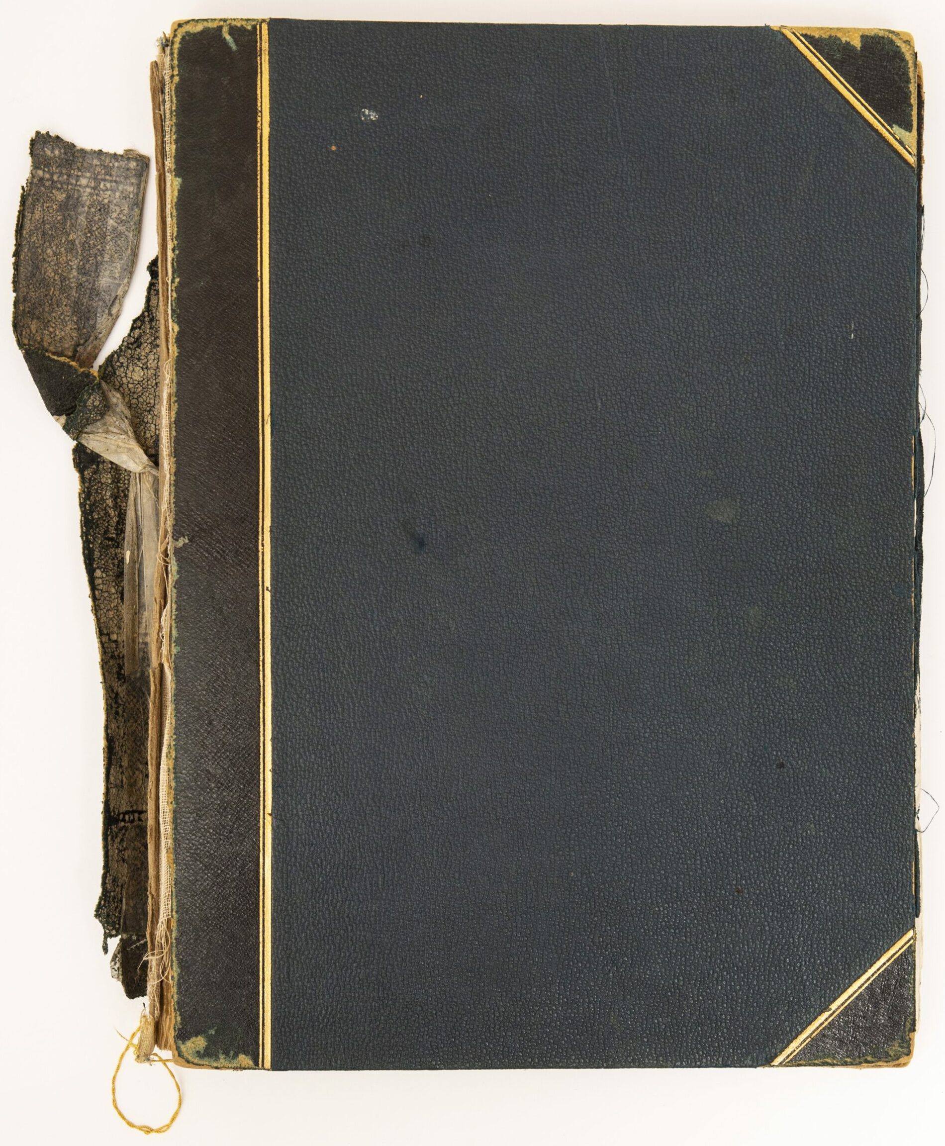 The front cover of the 'Memorials of Robert Gill', 1889. The album has a hard cover, bound in blue fabric and leather with some gold tooling.