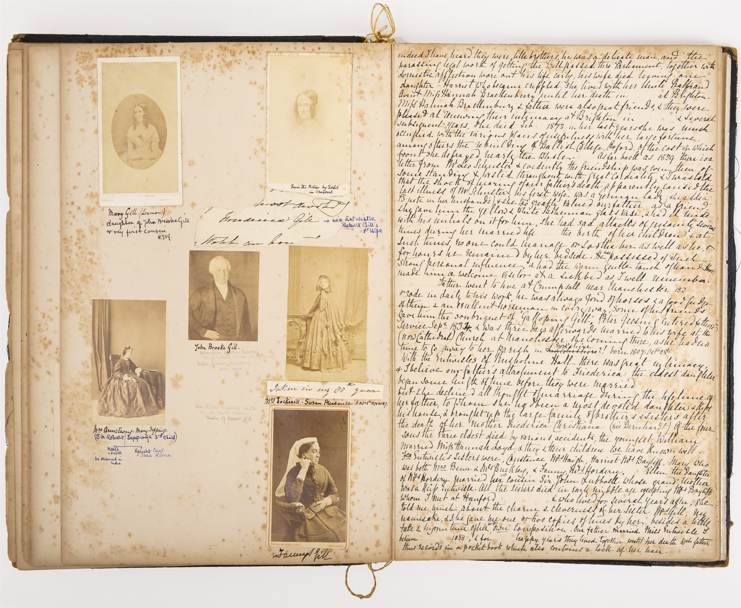 Some pages of the 'Memorials of Robert Gill', 1889, containing images of various family members on the left and a hand-written account of Robert's life on the right.