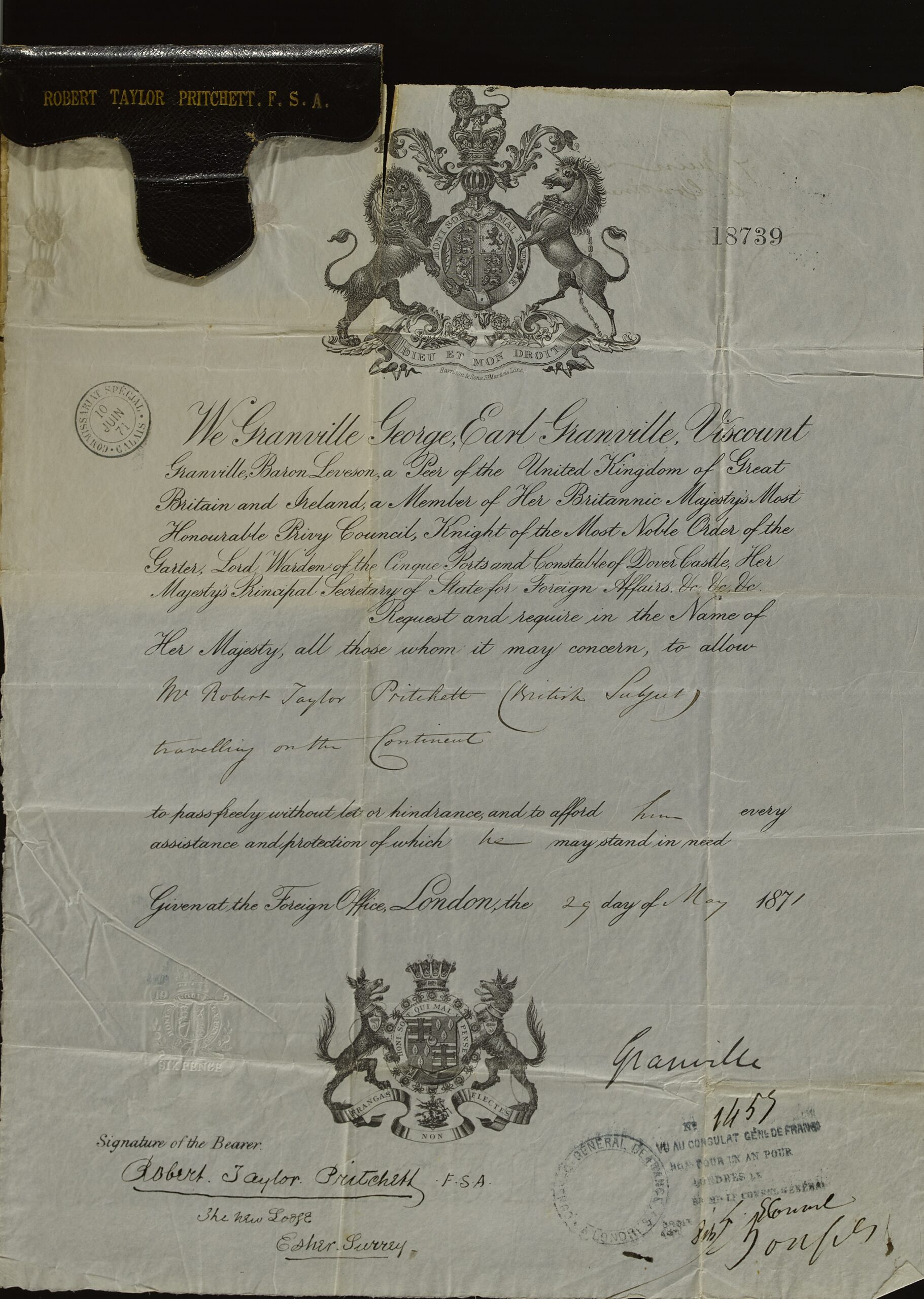 Robert Taylor Pritchett's passport. Inside the black leather case is a flimsy paper document allowing Pritchett's travel on the Continent, signed by him with the address The New Lodge, Esher, Surrey. It is dated 25th May 1871.
