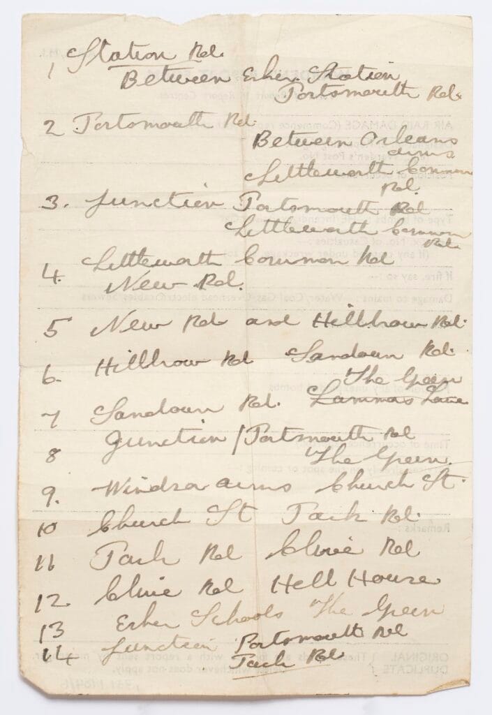 The back-side of an A.R.P. Warden's Report form, with hand-written notes by ARP warden Alfred C. Cornwell, giving details of different places within his area of Esher.