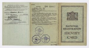 National Registration Identity Card issued to Alfred C. Cornwell, 15 Park Road, Esher, Surrey. Card holds a description of holder and his capacity within the Civil Defence. Dated 17th May, 1943. Pale blue card with black lettering.