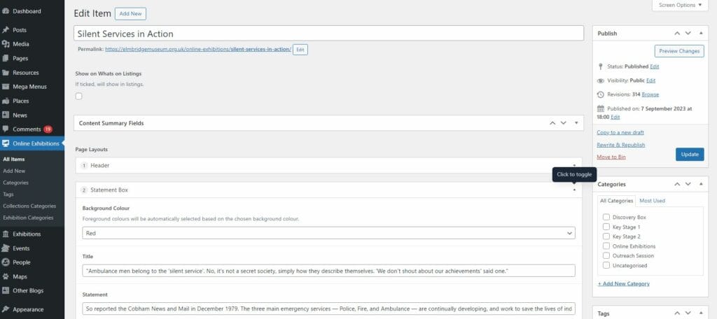 Editing the 'Silent Services in Action' online exhibition on Elmbridge Museum's website content management system.