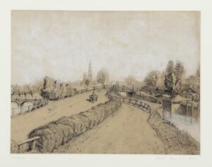 Pastel drawing, black and white on brown paper drawing on brown paper of wooden bridge over Wey Navigation Town Lock seen on right. St. James Church in background. Small horse and cart in centre of picture. Bridge house on right. The drawing depicts view from 1895. Accession No. 22.1950