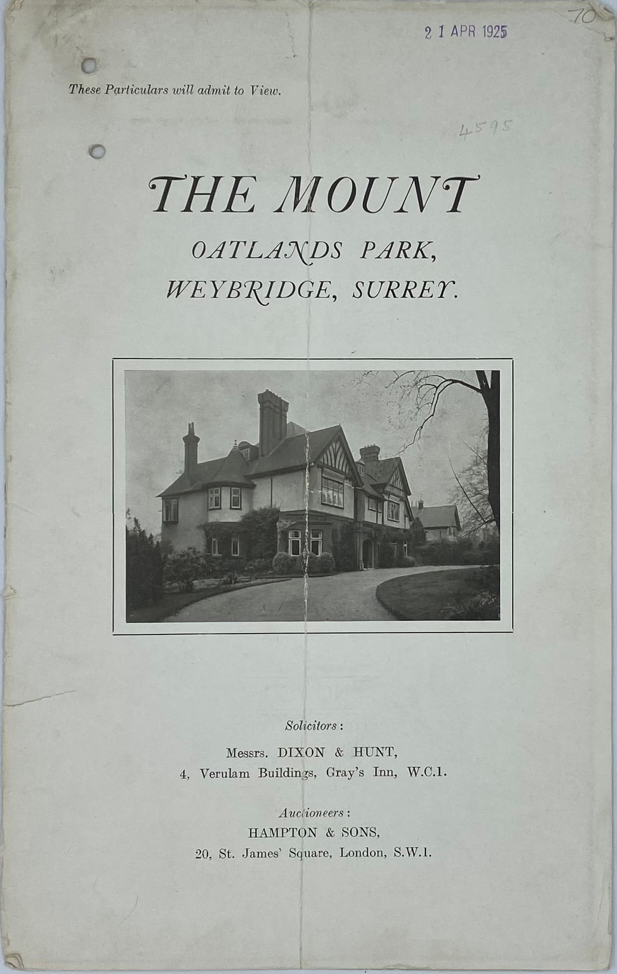 50.1982/2. Sale catalogue for The Mount, Oatlands Park, Weybridge. Booklet contains details and photographs of the house and 3.5 acres of grounds. For sale by auction on 12 May 1925 by Hampton & Sons.